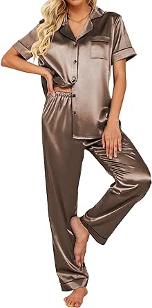 Ekouaer Silk Satin Pajamas Set Women Short Sleeve Sleepwear Soft Button Down Loungewear Pjs Set