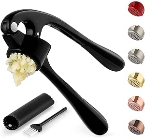 Zulay Kitchen Premium Garlic Press Set - Rust Proof &amp; Dishwasher Safe Professional Garlic Mincer Tool - Easy-Squeeze, Easy-Clean with Soft, Ergonomic Handle - Silicone Garlic Peeler &amp; Brush (Black)