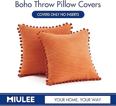 MIULEE Fall Boho Decorative Throw Pillow Covers with Pom-poms, Soft Corduroy Square Solid Lumbar Cushion Cases for Couch Sofa Bedroom, 20x20 inch Orange