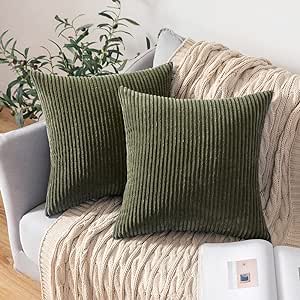 MIULEE Pack of 2 Corduroy Pillow Covers Soft Soild Striped Throw Pillow Covers Set Decorative Square Cushion Cases Pillowcases for Spring Sofa Bedroom Couch 18 x 18 Inch Olive Green