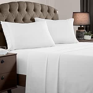 Mellanni Queen Sheets Set - 4 PC Iconic Collection Bedding Sheets &amp; Pillowcases - Hotel Luxury, Extra Soft, Cooling Bed Sheets - Deep Pocket up to 16 inch (Queen, White)