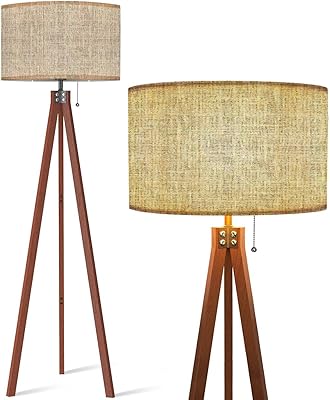 BAISTSAELER Wood Tripod Floor Lamp Washed Canvas Textured Seamless Modern Standing Lamp Linen Lampshade Dimmable Tall Lamp Mid Century Floor Lamp for Living Room Bedroom