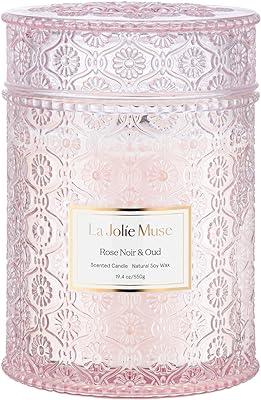 LA JOLIE MUSE Rose Noir & Oud Scented Candle, Rose Candle for Home, Candle Gift for Women, Wood Wicked Glass Jar Candles for Home Scented, Large Candle, Long Burning Time, 19.4 Oz