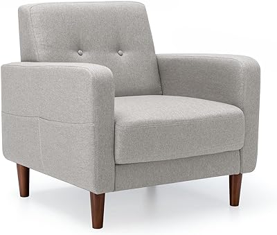 Mellow ADAIR Mid-Century Modern Armchair with Armrest Pockets, Tufted Linen Fabric, Light Grey