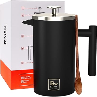 Barista Warrior French Press with Thermometer - Insulated Coffee Press - Stainless Steel French Press Coffee Maker (1.0L | 34 fl oz) (Black)