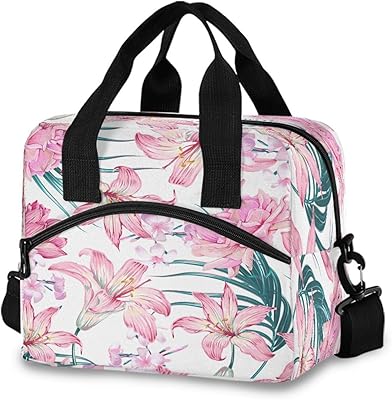 ALAZA Gentle Pink Flowers Rose Lily Lotus Lilium Flower Plumeria Palm Leaves Lunch Bags for Women, Lunch Box Tote Bag Thermal Cooler Bag for Working Picnic