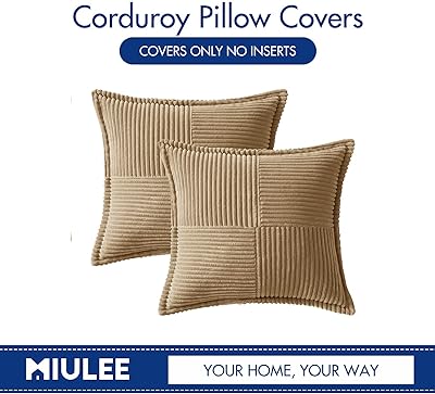 MIULEE Corduroy Pillow Covers with Splicing Set of 2 Super Soft Couch Pillow Covers Broadside Striped Decorative Textured Throw Pillows for Cushion Bed Livingroom 18 x 18 inch, Khaki