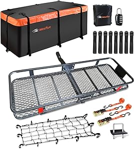 MeeFar Folding Hitch Mount Cargo Carrier Basket 60&#34; X 20&#34; X 6&#34;+Waterproof Cargo Bag 16 Cubic Feet(58&#34; 19&#34; 24&#34;),Hauling Weight Capacity of 500 Lbs and A Folding Arm.with Hitch Stabilizer,Net and Straps