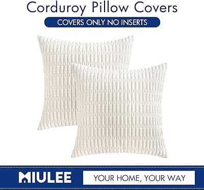 MIULEE Pack of 2 Corduroy Decorative Throw Pillow Covers 18x18 Inch Soft Boho Striped Pillow Covers Modern Farmhouse Home Decor for Sofa Living Room Couch Bed Pure White