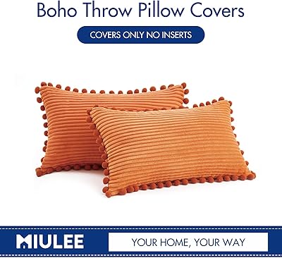 MIULEE Fall Boho Decorative Throw Pillow Covers with Pom-poms, Soft Corduroy Square Solid Lumbar Cushion Cases for Couch Sofa Bedroom, 12x20 inch Orange