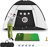 Golf Net, 10x7ft Golf Practice Net with Tri-Turf Golf Mat, All in 1 Home Golf Hitting Aid Nets for Backyard Driving Chipping Swing Training with Target/Mat/Balls/Tee/Bag - Gift for Men/Golf Lovers