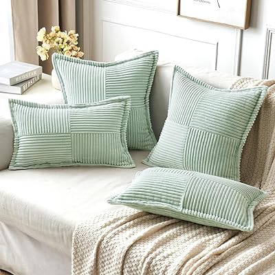 MIULEE Mint Green Corduroy Pillow Covers 18x18 inch with Splicing Set of 2 Super Soft Boho Striped Pillow Covers Broadside Decorative Textured Throw Pillows for Spring Couch Cushion Bed Livingroom