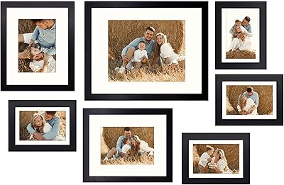 Golden State Art, Gallery Wall Frames, 11x14, 8x10, 5x7 Multiple Photo Frames Collage for Wall or Tabletop Displays with Mat or Without Mat (Black, 7 Pack)