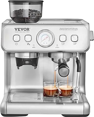 VEVOR Espresso Machine with Grinder, 15 Bar Semi-Automatic Espresso Coffee Maker with Milk Frother Steam Wand, Removable Water Tank & Pressure Gauge for Cappuccino, Latte, Machiato, PID Control System