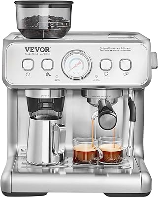 VEVOR Espresso Machine with Grinder, 15 Bar Semi-Automatic Espresso Coffee Maker with Milk Frother Steam Wand, Removable Water Tank & Pressure Gauge for Cappuccino, Latte, Machiato, PID Control System