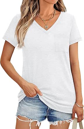 AUTOMET Womens T Shirts Short Sleeve V Neck Tops with Pockets Summer Fashion Trendy Soft Casual Comfy Outfits Clothes 2024