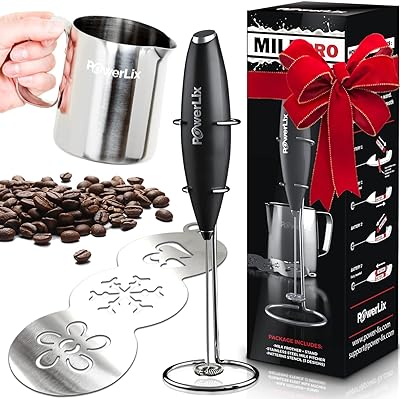 PowerLix Milk Frother With Stand Set Handheld Battery Operated Electric Foam Maker Frother Wand For Coffee, Latte, Cappuccino, Hot Chocolate, Durable Mini Drink Mixer With Stainless Steel Whisk