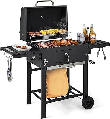 HAPPYGRILL Charcoal Grill Outdoor BBQ Grill with 2 Foldable Side Tables, 8 Hooks, Storage Shelf, 2 Wheels, Flame Control, Heavy Duty Cooking Grill for Picnic Party Camping Backyard Patio