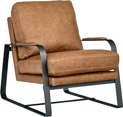 Amazon Brand – Rivet Summit Mid-Century Modern Leather Accent Chair with Steel Arms, Cognac Brown, 35"D x 27.2"W x 27.6"H
