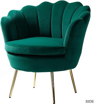 TINA'S HOME Velvet Upholstered Living Room Chair, Cute Vanity Chair with Seashell Back Arm Modern Accent Chair,Comfy Single Upholstered Chair with Gold Metal Legs for Makup Room Bedroom(GREEN)