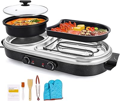 ZXMOTO Shabu Shabu Hot Pot, 2 in 1 Electric Grill, Indoor Smokeless Korean BBQ Grill, Independent Dual Temperature Control, Capacity for 2-10 People