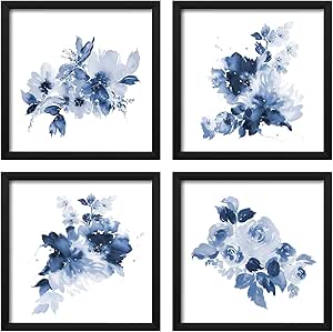 ArtbyHannah 4 Pack 10x10 Blue Wall Art Framed with Black Frame and Floral Print for Bathroom or Home Decoration