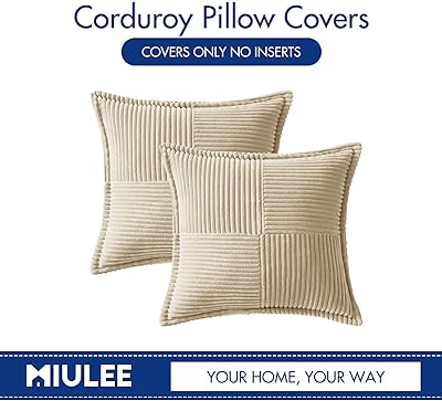 MIULEE Cream Corduroy Pillow Covers with Splicing Set of 2 Super Soft Couch Pillow Covers Broadside Striped Decorative Textured Throw Pillows for Spring Cushion Bed Livingroom 18x18 inch