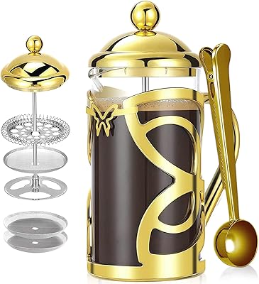 WORBIC French Press Coffee Maker, 3 Level Filtration System, Coffee Press with Heat Resistant Borosilicate Glass, 12oz Coffee French Press with Coffee Scoop w/Clip & 2 Extra Filters (Gold)