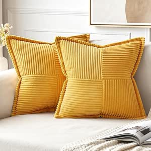 MIULEE Golden Yellow Pillow Covers 18x18 Inch with Splicing Set of 2 Super Soft Boho Striped Corduroy Pillow Covers Broadside Decorative Textured Throw Pillows for Fall Couch Cushion Livingroom