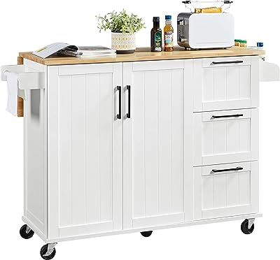 Yaheetech Kitchen Island with Drop-Leaf Breakfast Bar, 53" Width Kitchen Cart on 5 Universal Wheels with Rubberwood Top, Storage Cabinet, 3 Drawers, and Spice Rack for Dining Room, White
