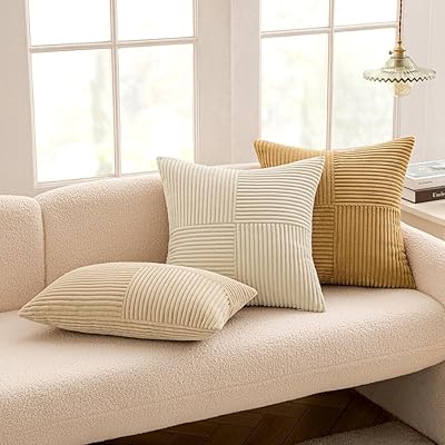 MIULEE Cream Corduroy Pillow Covers Pack of 2 Boho Decorative Spliced Throw Pillow Covers Soft Solid Couch Pillowcases Cross Patchwork Textured Cushion Covers for Living Room Bed Sofa 24x24 inch