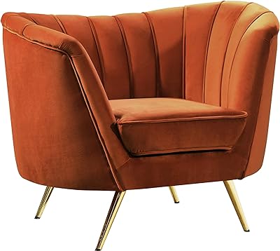Meridian Furniture Margo Collection Modern | Contemporary Velvet Upholstered Chair with Deep Channel Tufting and Rich Gold Stainless Steel Legs, Cognac, 43" W x 30" D x 33" H