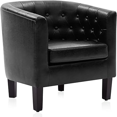 BELLEZE Black Accent Chairs for Living Room, Elegant Arm Chair Upholstered Tufted Barrel Chair Club Chair for Bedroom with Sturdy Legs and Faux Leather - Berlinda (Black)