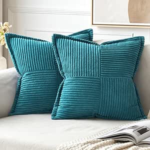 MIULEE Teal Blue Corduroy Pillow Covers 18x18 Inch with Splicing Set of 2 Super Soft Boho Striped Pillow Covers Broadside Decorative Textured Throw Pillows for Spring Couch Cushion Bed Livingroom