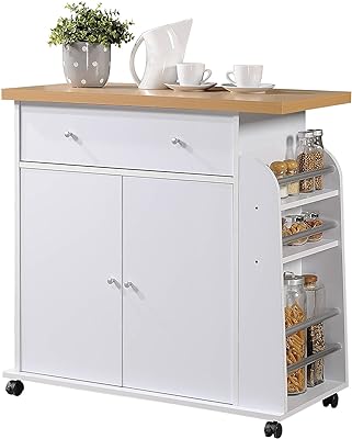 Hodedah Import Kitchen Island with Spice Rack and Towel Rack, White,