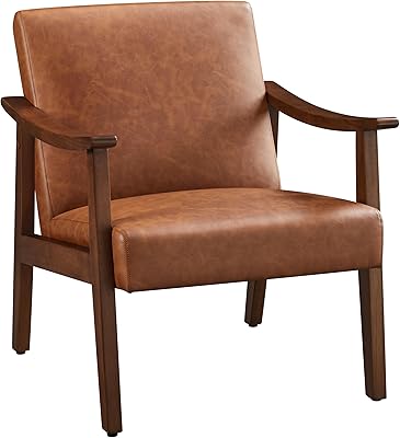 Yaheetech PU Leather Accent Chair, Mid-Century Modern Armchair with Solid Wood Legs, Reading Leisure Chair with High Back for Living Room Bedroom Waiting Room, Brown