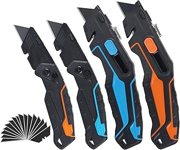 Image of Lichamp Heavy Duty Utility Knife 4 Pack, Multifunction Razor Box Cutter Knives Retractable and Folding Set with 16-Pieces SK2 Blades, E4N02S