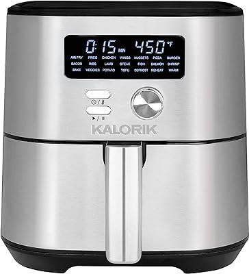 Kalorik MAXX® Digital Air Fryer FT 47823 BKSS | 6-Quart Oilless Air Fryer with 7 Cooking Functions | LED Display | 21 Smart Presets | 5 Dishwasher-Safe Accessories & Bonus Recipe Book | Nonstick Air Frying Basket | 1750W | Stainless Steel & Black