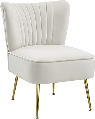 Meridian Furniture Tess Collection Modern | Contemporary Velvet Upholstered Accent Chair with Deep Channel Tufting and Custom Gold Steel Legs, 22.5" W x 26.5" D x 29.5" H, Cream