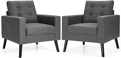 Giantex Set of 2 Modern Accent Chair, Mid-Century Upholstered Armchair Club Chair with Rubber Wood Legs, Patented Linen Fabric Single Sofa for Living Room Bedroom Office, Grey