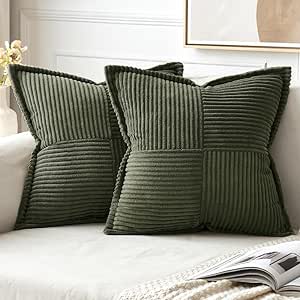 MIULEE Olive Green Corduroy Pillow Covers 18x18 inch with Splicing Set of 2 Super Soft Boho Striped Pillow Covers Broadside Decorative Textured Throw Pillows for Spring Couch Cushion Bed Livingroom