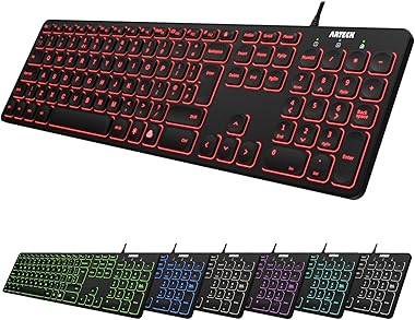 Arteck USB Wired Keyboard Universal Backlit 7-Colors & Adjustable Brightness Full Size Keyboard with 1.8M Wire, Numeric Keypa