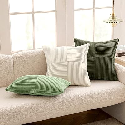 MIULEE Olive Green Corduroy Pillow Covers Pack of 2 Boho Decorative Spliced Throw Pillow Covers Soft Solid Couch Pillowcases Cross Patchwork Textured Cushion Covers for Living Room Bed Sofa 18x18 inch