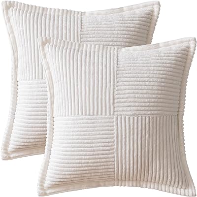 MIULEE White Corduroy Pillow Covers 24x24 Inch with Splicing Set of 2 Super Soft Couch Pillow Covers Broadside Striped Decorative Textured Throw Pillows for Cushion Bed Livingroom