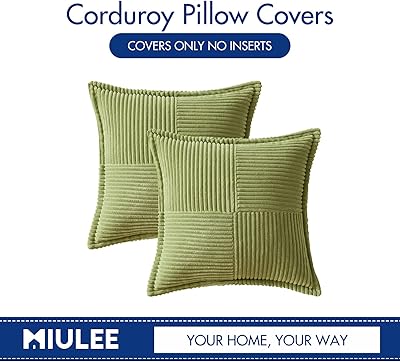 MIULEE Corduroy Pillow Covers with Splicing Set of 2 Super Soft Couch Pillow Covers Broadside Striped Decorative Textured Throw Pillows for Spring Cushion Bed Livingroom 18x18 inch Green