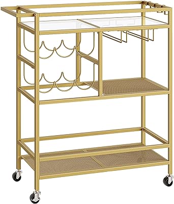 MAHANCRIS Bar Cart for Home, 3-Tier Serving Cart with Wheels and Handle, Beverage Cart with Wine Rack and Glass Holders, Rolling Wine Cart for Kitchen, Dining Room, Gold RCJ61B01