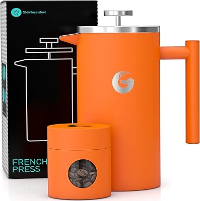 Coffee Gator French Press Coffee Maker - Thermal Insulated Brewer Plus Travel Jar - Large Capacity, Double Wall Stainless Steel - 34oz - Orange