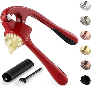 Zulay Kitchen Premium Garlic Press Set - Rust Proof &amp; Dishwasher Safe Professional Garlic Mincer Tool - Easy-Squeeze, Easy-Clean with Soft, Ergonomic Handle - Silicone Garlic Peeler &amp; Brush (Red)