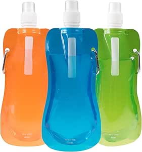 Clever Creations Collapsible Sports Water Bottle 3 Pack, Foldable Leak Proof Travel Bottles for Camping and Hiking, 480 mL Capacity, Blue, Orange, and Green