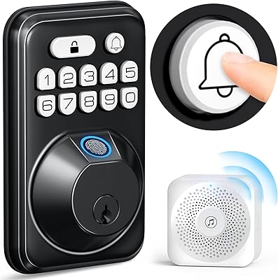 TEEHO Fingerprint Keypad Deadbolt Lock with Wireless Doorbell - Keyless Entry Door Lock for Front Door - Digital Electronic Deadbolt Lock - Secure Code Access, 38 Chimes